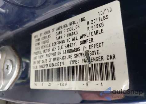 2011 Honda Accord 2.4 Lx from USA, damaged, VIN 1HGCP2F32BA037670